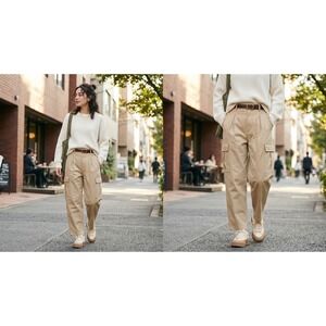 GU Women Beige Cotton Pleated Cargo Pants High Rise Relaxed Fit 827-459041 L